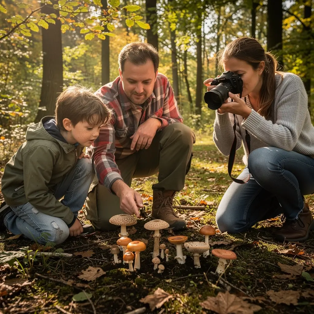 Een bospad met kleurrijke herfstbladeren, omringd door hoge bomen.